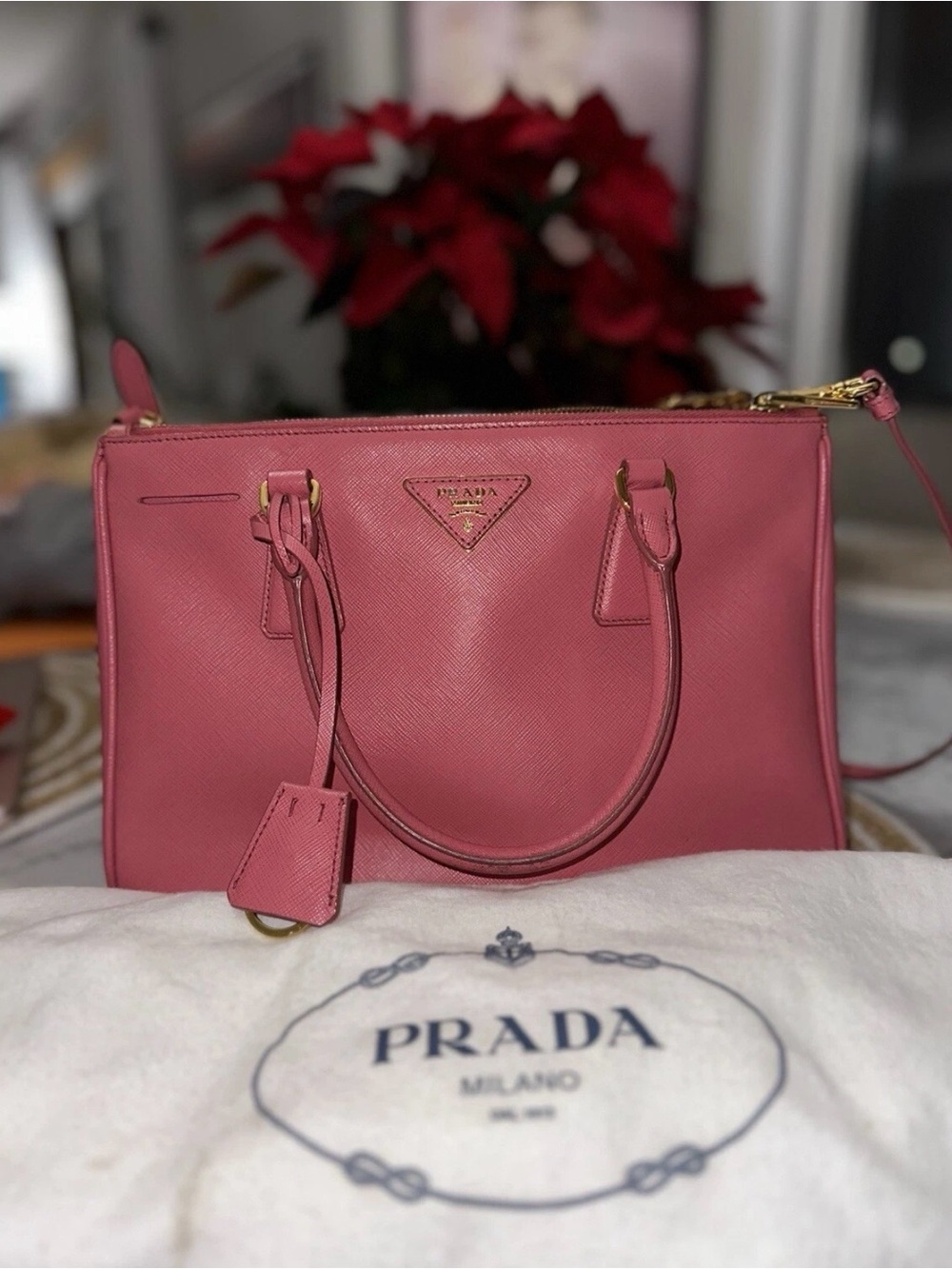 Prada Pink Saffiano Leather Satchel with Gold Hardware